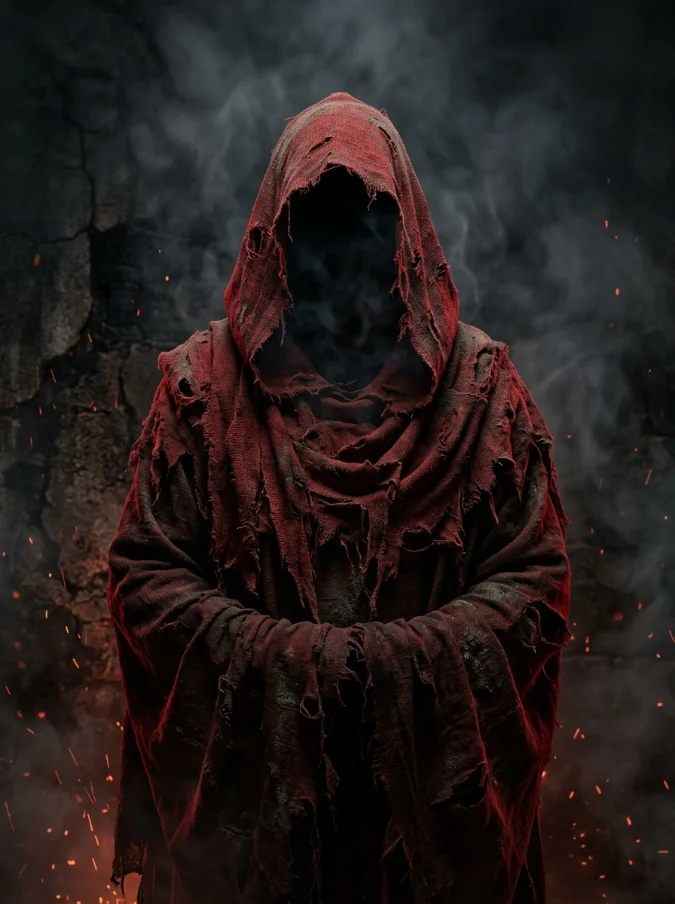 Sosok misterius berjubah merah tua yang compang-camping, dengan wajah tersembunyi dalam kegelapan, berdiri di tengah asap kelabu dan percikan bara api.